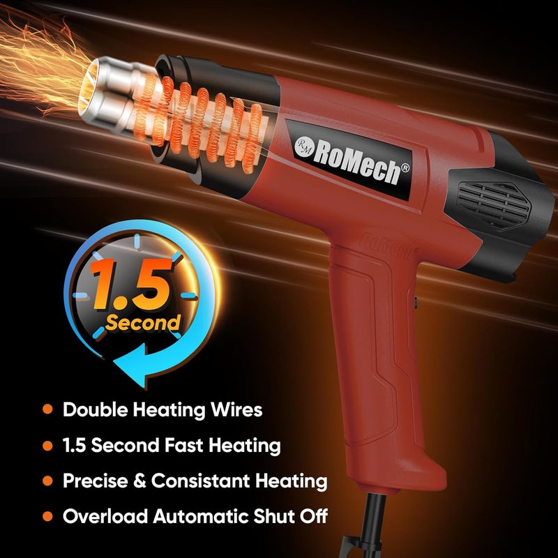 ROMECH 1500W Heavy Duty Heat Gun, Variable Temperature Control Hot Air Gun Kit with 2 Air Flow 120°F~1200°F and 4 Nozzles for Crafts Shrink Wrap (Red) - Image 3